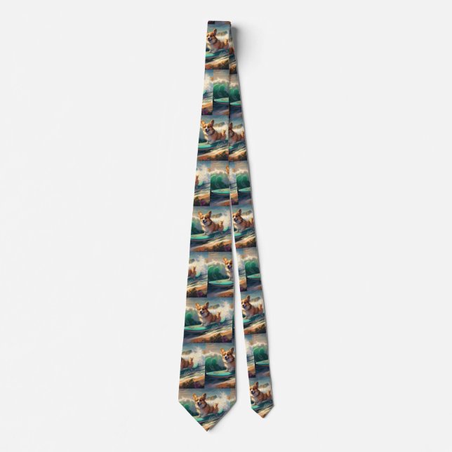 Corgi  Beach Surfing Painting  Tie (Front)