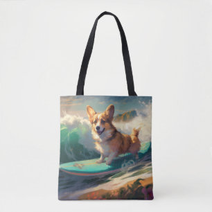 Corgi Beach Surfing Painting Tote Bag