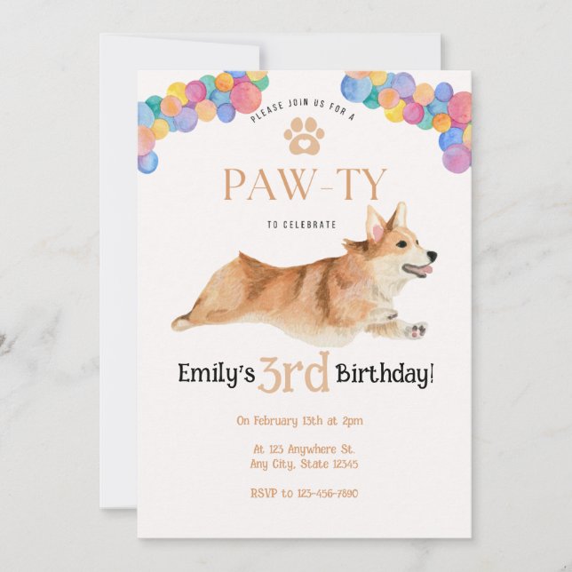 Corgi birthday Pawty invitation  (Front)