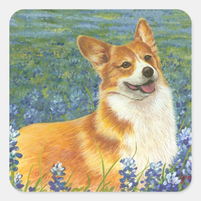 Corgi & Bluebonnets Portrait Square Sticker (Front)