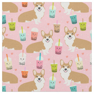 corgi boba tea pink kawaii fabric