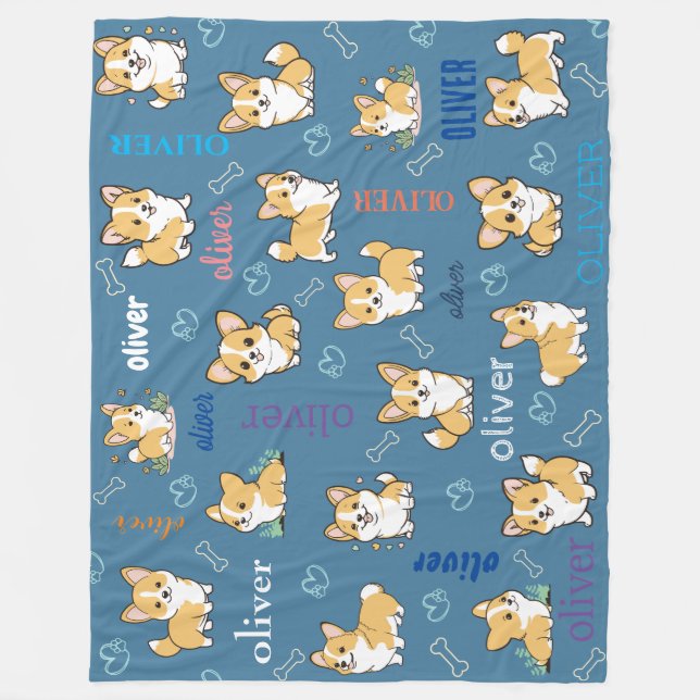Corgi Bones Hearts Blue Pattern Design Fleece Blanket (Front)