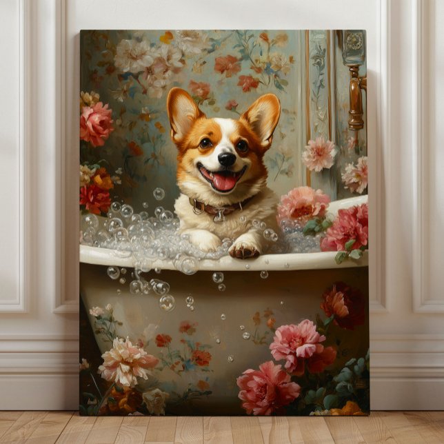 Corgi Bubble Bath Joy Canvas Print (Corgi Bubble Bath Joy – Whimsical Floral Dog Bathroom Art by Nicole Cossairt)