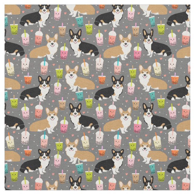 Corgi bubble tea fabric - dark (Close Up)