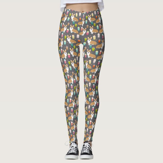 Corgi Bubble Tea leggings - cute dog kawaii design (Front)