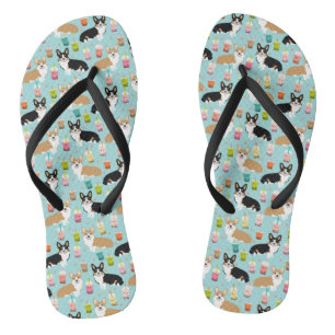 Corgi Bubble Tea - Tri and Red corgis Flip Flops