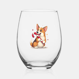 Corgi Candy Cane Joy Stemless Wine Glass