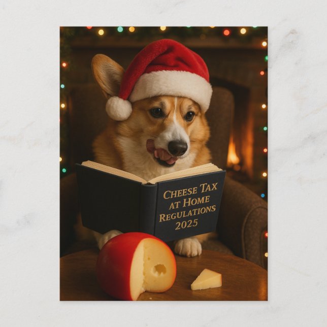 Corgi 'Cheese Tax' Christmas postcard (Front)