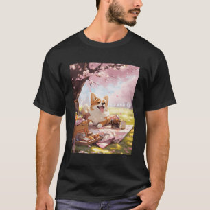 Corgi Cherry Blossom Funny Dog Picnic T-Shirt