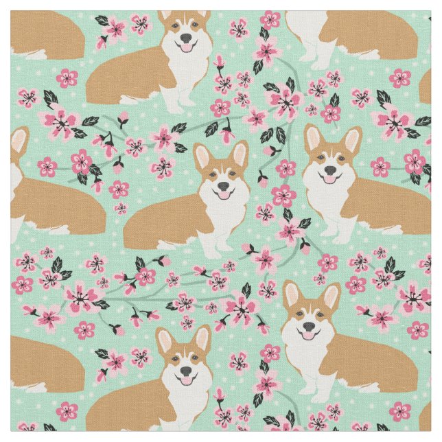 corgi cherry blossom mint fabric (Close Up)