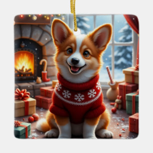 Corgi Christmas Art Ceramic Ornament