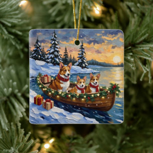 Corgi Christmas Boat Holiday Ceramic Ornament