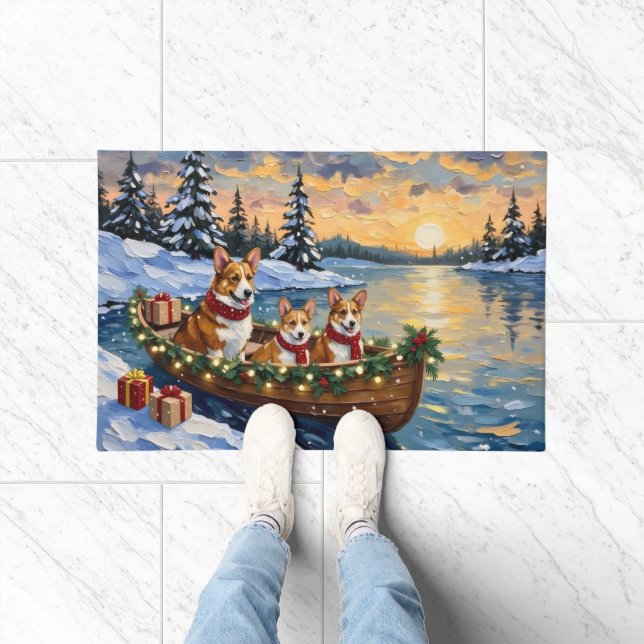 Corgi Christmas Boat Holiday Doormat (Indoor)