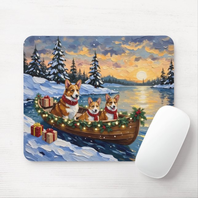 Corgi Christmas Boat Holiday Mouse Mat (With Mouse)