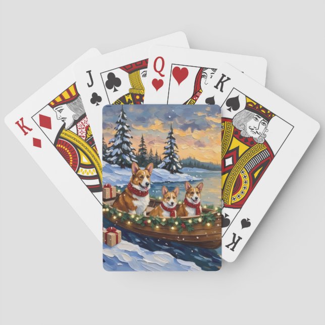 Corgi Christmas Boat Holiday Playing Cards (Back)