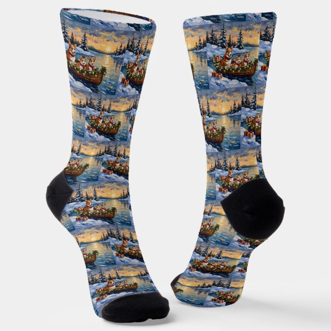 Corgi Christmas Boat Holiday Socks (Angled)