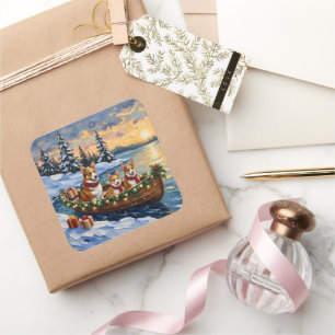 Corgi Christmas Boat Holiday Square Sticker