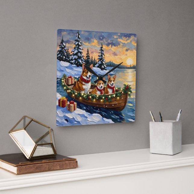Corgi Christmas Boat Holiday Square Wall Clock (Office)