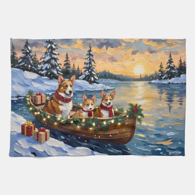 Corgi Christmas Boat Holiday Tea Towel (Horizontal)