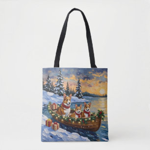 Corgi Christmas Boat Holiday Tote Bag