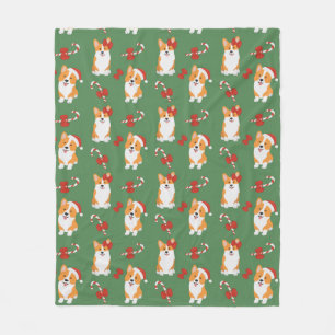 Corgi Christmas Candy Cane Pattern Fleece Blanket