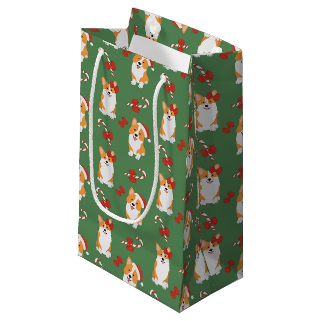 Corgi Christmas Candy Cane Pattern Small Gift Bag (Front Angled)