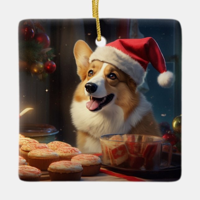 Corgi Christmas Cookies Festive Holiday Ceramic Ornament (Front)