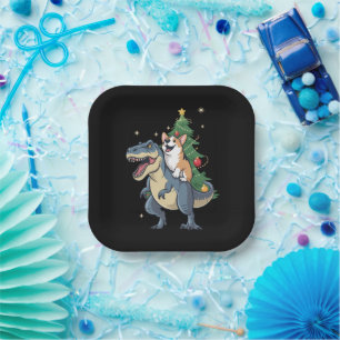 Corgi Christmas Dinosaur Tree Rex Holiday Xmas Paper Plate