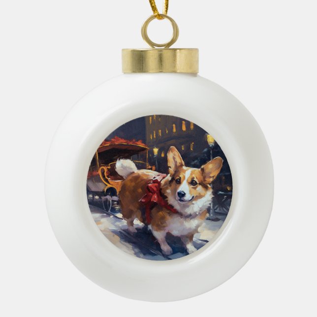 Corgi Christmas Festive Season Ceramic Ball Christmas Ornament (Front)
