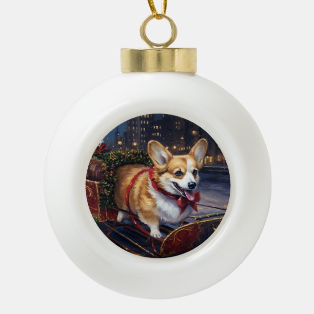 Corgi Christmas Festive Season Ceramic Ball Christmas Ornament (Front)