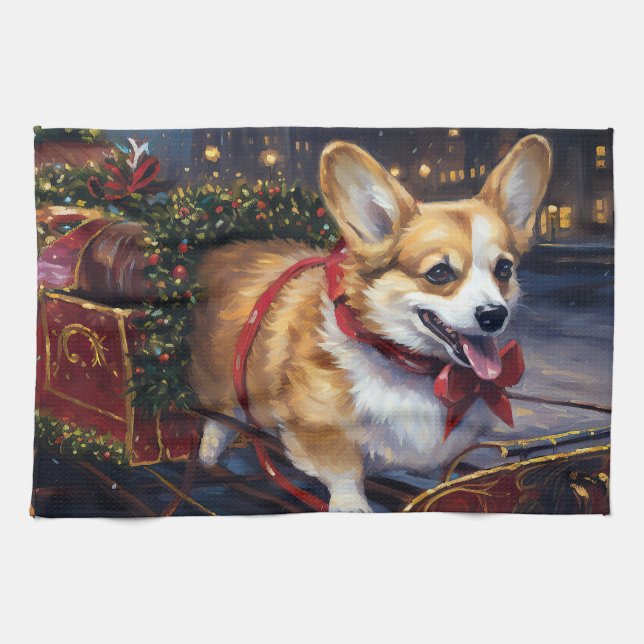 Corgi Christmas Festive Season Tea Towel (Horizontal)