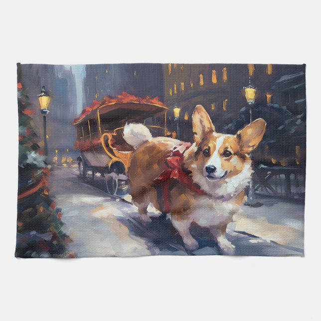 Corgi Christmas Festive Season Tea Towel (Horizontal)