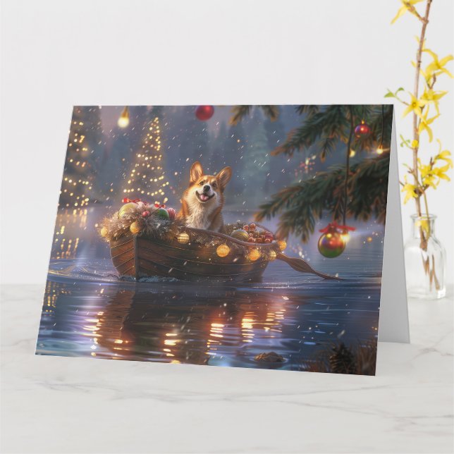 Corgi Christmas Festive Voyage Card (Yellow Flower)