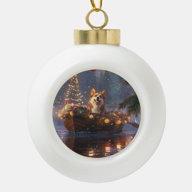 Corgi Christmas Festive Voyage Ceramic Ball Christmas Ornament (Front)