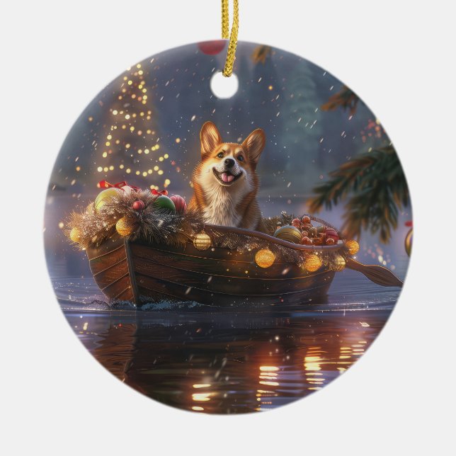 Corgi Christmas Festive Voyage Ceramic Tree Decoration (Front)