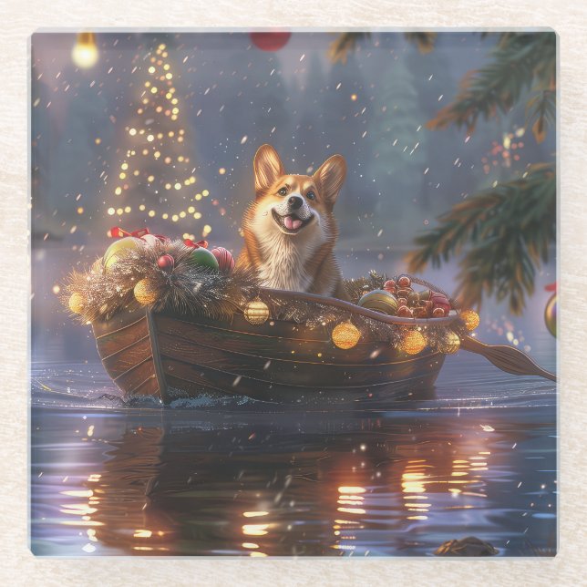Corgi Christmas Festive Voyage Glass Coaster (Front)