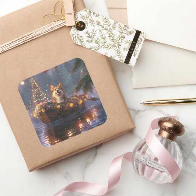 Corgi Christmas Festive Voyage Square Sticker (Gifting)