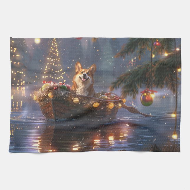 Corgi Christmas Festive Voyage Tea Towel (Horizontal)