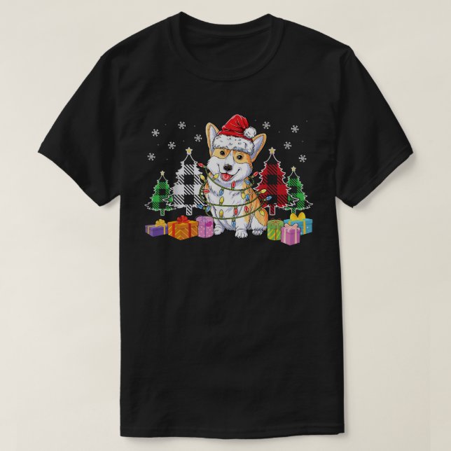 Corgi Christmas Pajama Tree Plaid Lights Xmas Corg T-Shirt (Design Front)