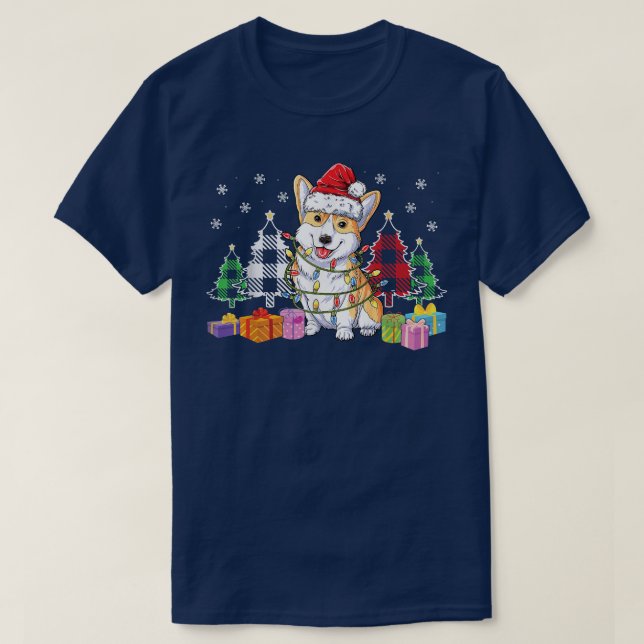 Corgi Christmas Pajama Tree Plaid Lights Xmas Corg T-Shirt (Design Front)