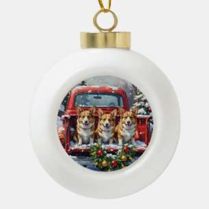 Corgi Christmas Red Truck Holiday Ceramic Ball Christmas Ornament