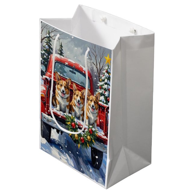 Corgi Christmas Red Truck Holiday Medium Gift Bag (Front Angled)