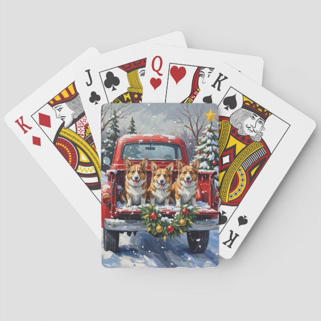 Corgi Christmas Red Truck Holiday Playing Cards (Back)