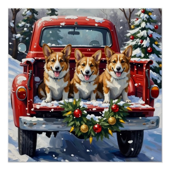 Corgi Christmas Red Truck Holiday Poster (Front)