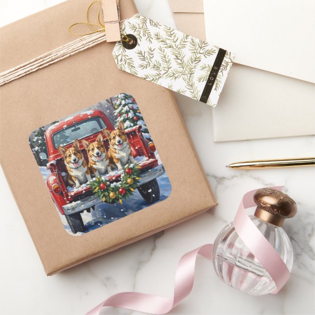 Corgi Christmas Red Truck Holiday Square Sticker (Gifting)