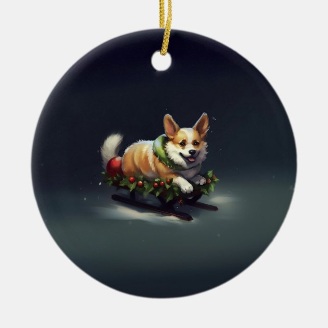 Corgi Christmas snow winter Ceramic Tree Decoration (Front)