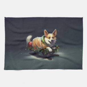 Corgi Christmas snow winter Tea Towel