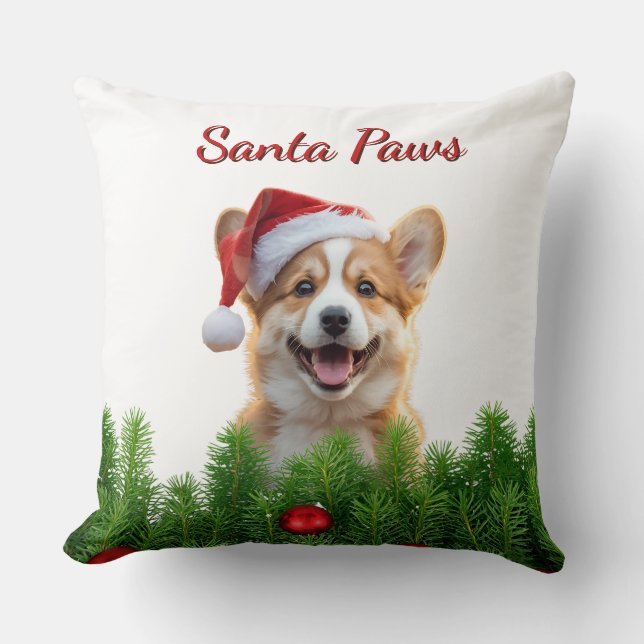 Corgi Christmas Throw Pillow – Santa Paws Design (Front)