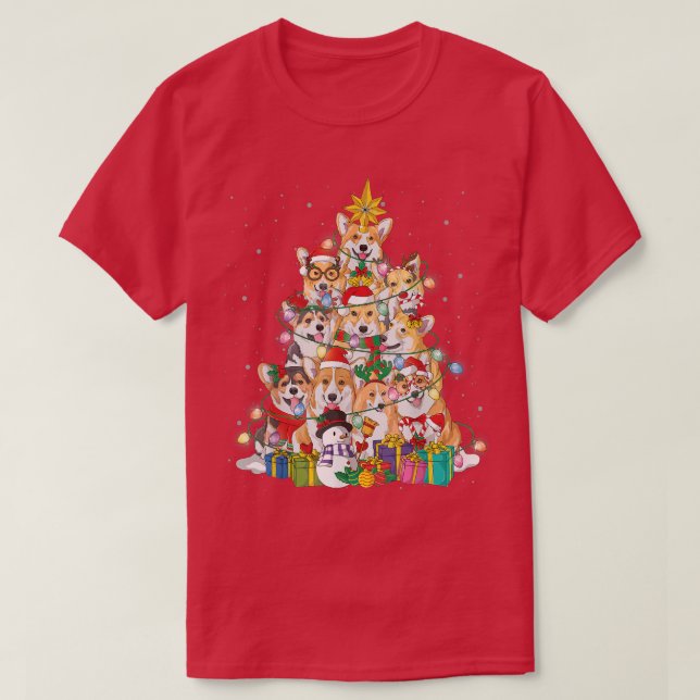 Corgi Christmas Tree Fairy Lights Santa Hat Pajama T-Shirt (Design Front)