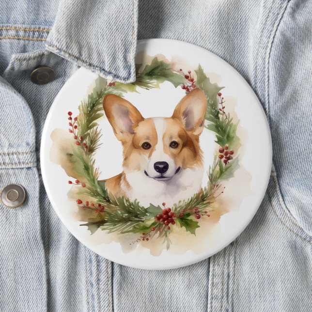 Corgi Christmas Wreath Festive Pup 6 Cm Round Badge (In Situ)